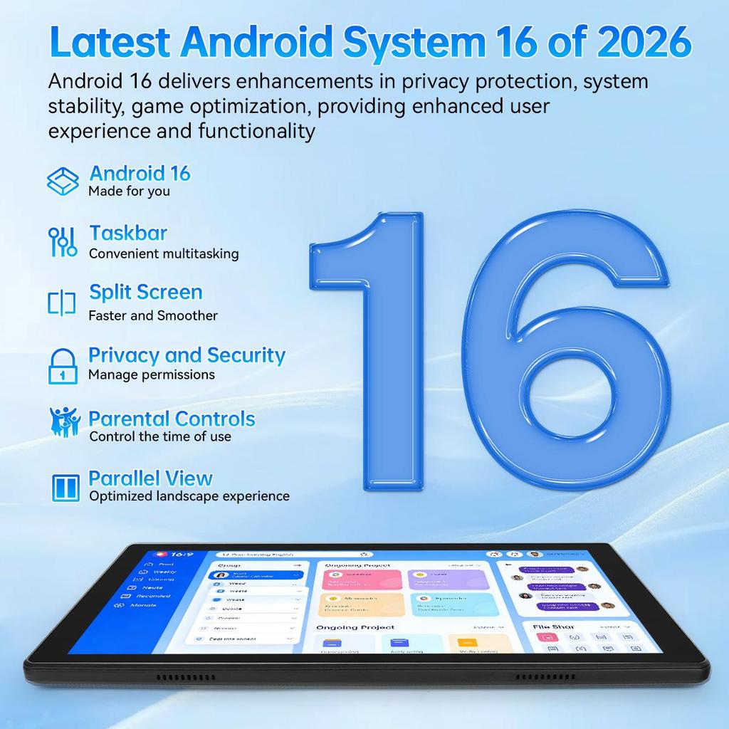 Tablet Android 16, 10,1 Pollici, 34 GB di RAM + 128 GB di ROM, Octa Core, Batteria da 6000 mAh, Nero