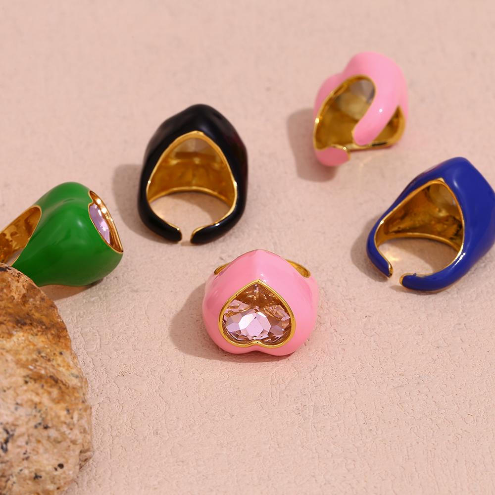 MamacitaSlay Süß und Bunt Emaille Edelstahl Herz Strass Offener Ring Party Trend Wasserdichter Schmuck Damengeschenk