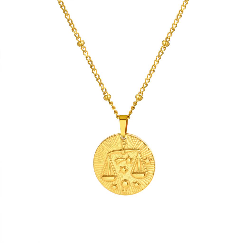 Stainless Steel Button Chain Bead Chain Twelve Constellations Alloy Relief Round Card Design Sense Necklace Nc-1966