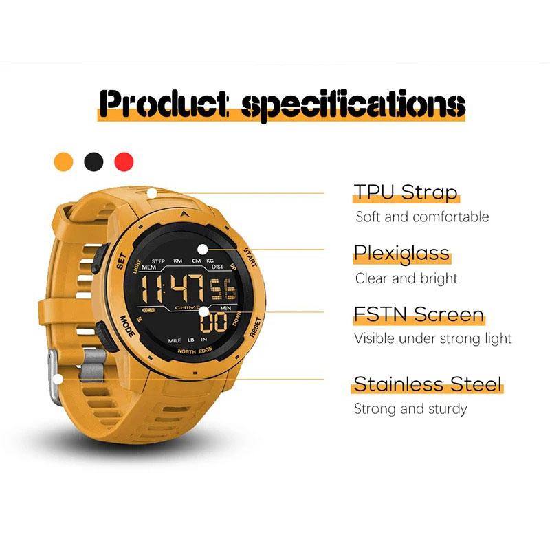 NORTH EDGE Herren Smart Watch Damen Sportuhr Dual Time Running Pedometer Countdown Wasserdicht 50m Digital Alarm Militäruhr