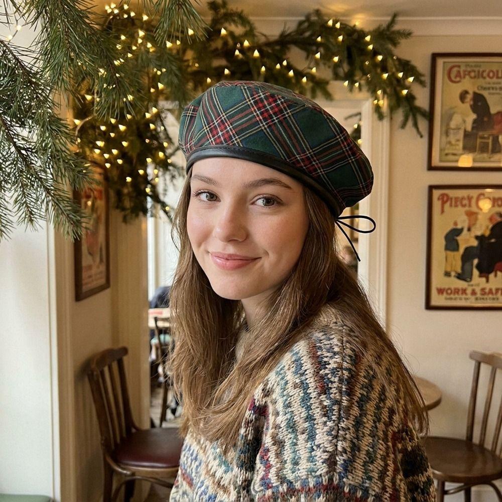 Drawstring Tartan Plaid Beret Y2K Newsboy Cap Casual Painter Hat  Autumn