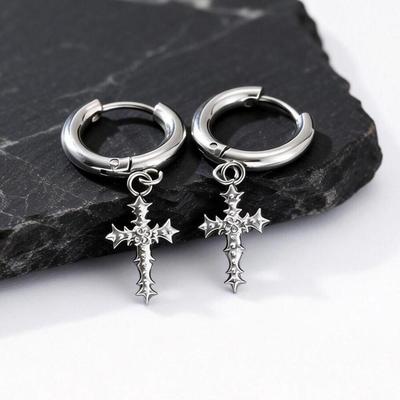 Punk Thorns Cross Hoop Earrings for Men Women,Anti Allergy Stainless Steel Metal Huggies,Waterproof Piercing Jewelry