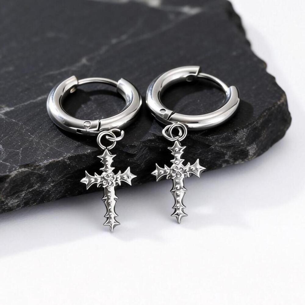 Punk Thorns Cross Hoop Earrings for Men Women,Anti Allergy Stainless Steel Metal Huggies,Waterproof Piercing Jewelry
