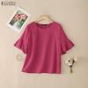 ZANZEA Women Casual Round Neck Solid Color Ruffles Half Sleeve Blouse