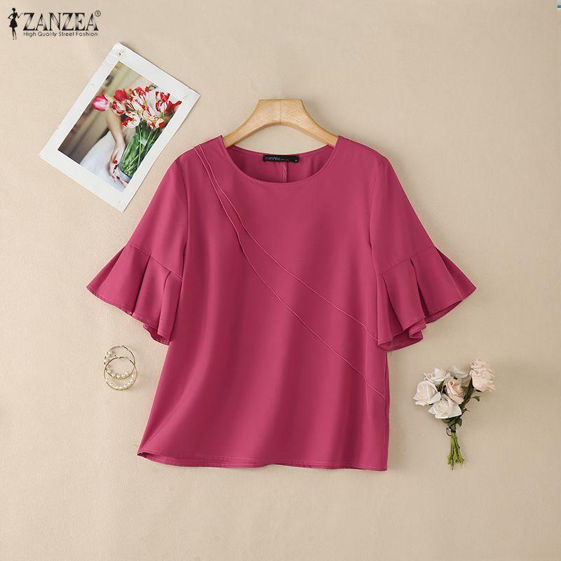 ZANZEA Women Casual Round Neck Solid Color Ruffles Half Sleeve Blouse