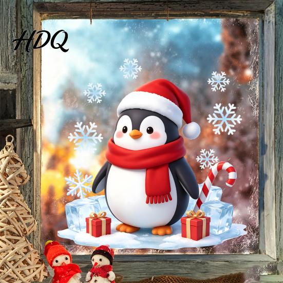 Snowflake Glass Stickers Christmas Cartoon Penguin Window Sticker Cute Decal with Santa Hat And Winter Theme Party Supplies Scarf Design PVC