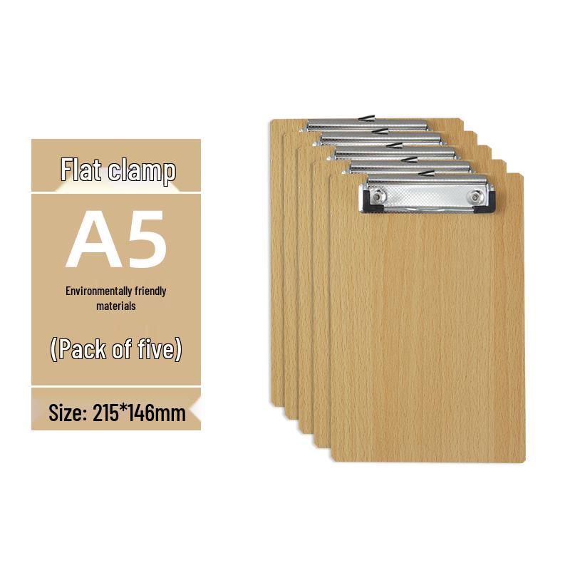 Zestaw 5 drewnianych podkładek z uchwytem na długopis, blokiem do pisania A4/A5 i teczką 16K - idealny do przyjmowania zamówień w restauracji i robienia notatek.