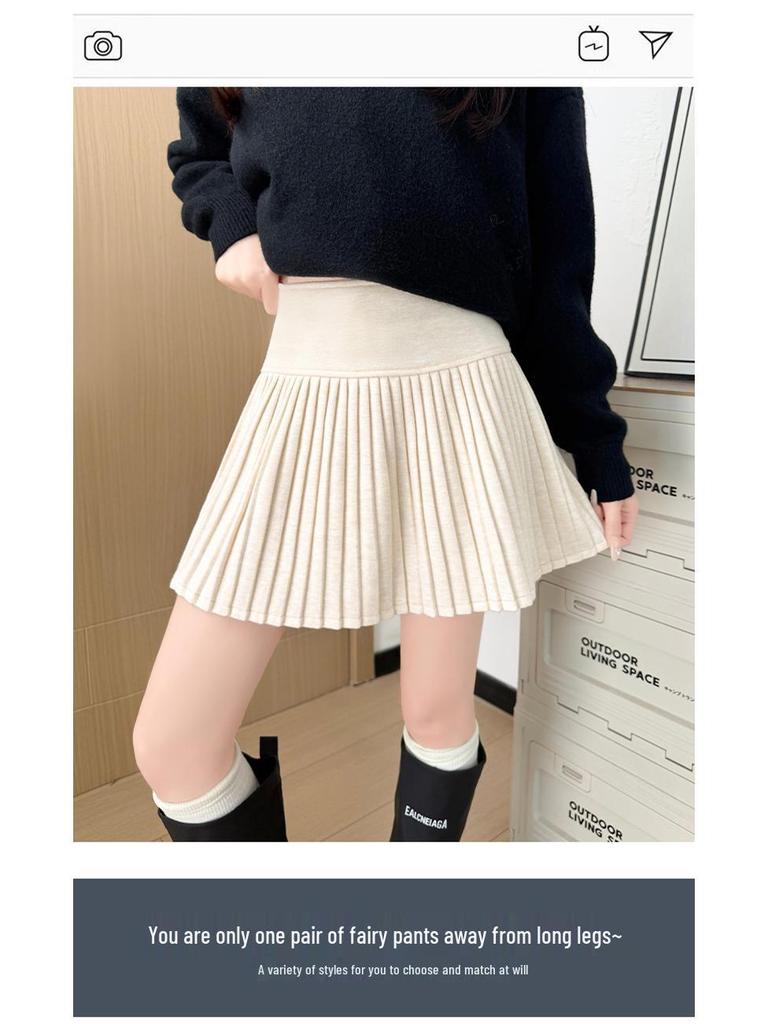 2026 New Petite Women's Grey Woolen A-line Pleated Short Skirt - Fluffy & Slimming Spring Style