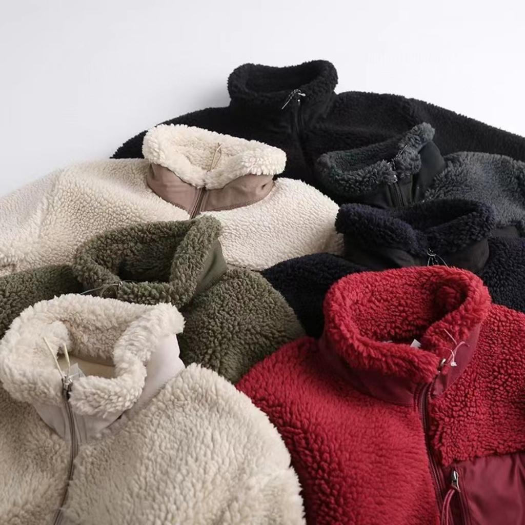 Autumn and Winter Women's Outerwear with Contrasting Fabric, Fine Edge Decoration, Zipper Cardigan, Casual Plush Jacket