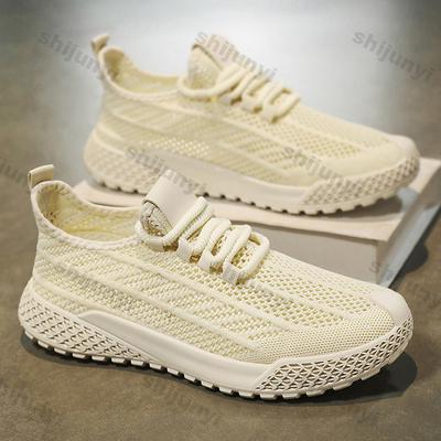 Men White Sneakers Summer Breathable Fly Weave Mesh Sports Running Shoes Lightweight Comfortable Fashion Cross Tied Casual Shoes
