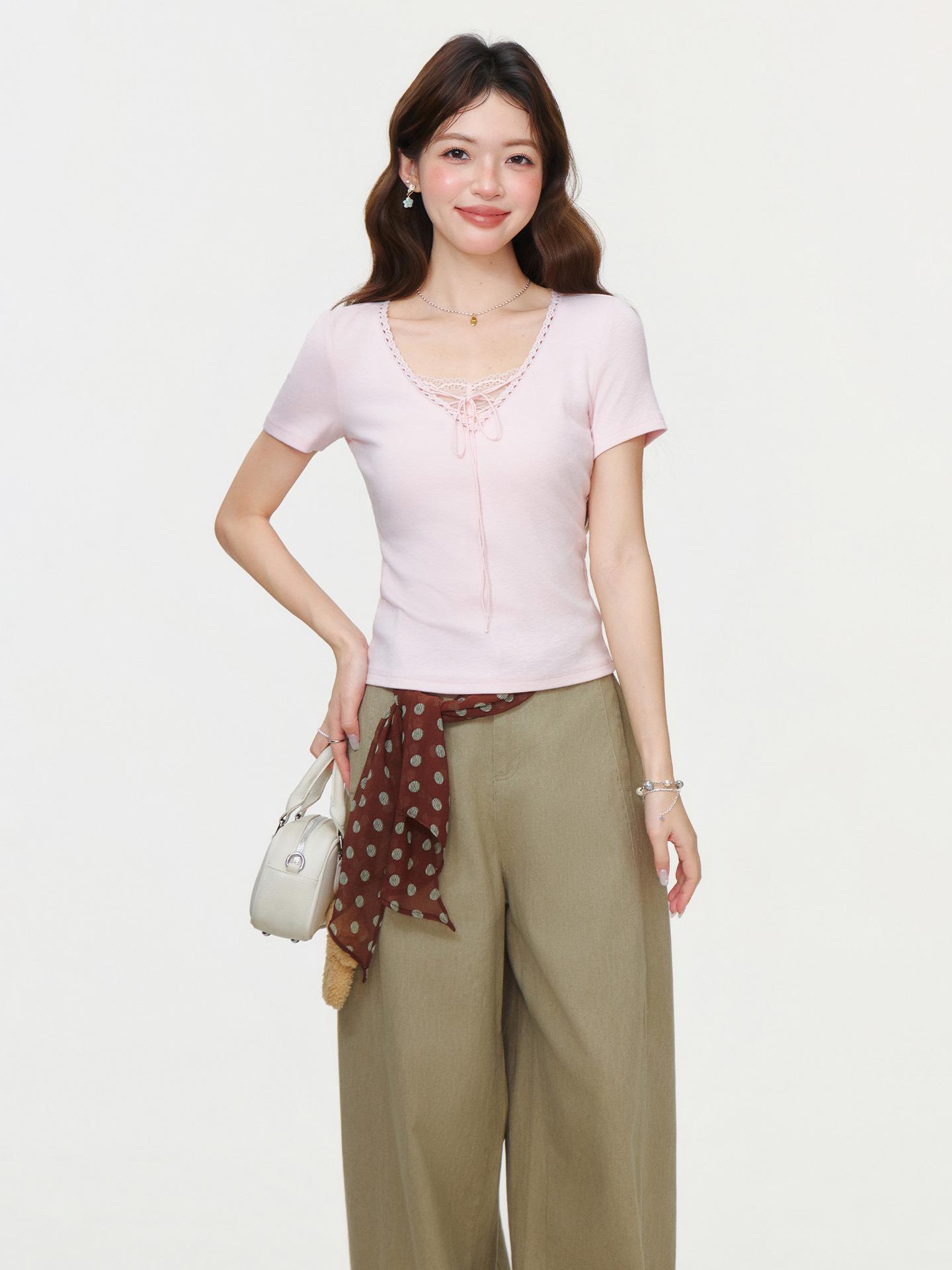 

Pink pullover design lace-up V-neck front shoulder short-sleeved T-shirt women s summer new wearable top S розовый