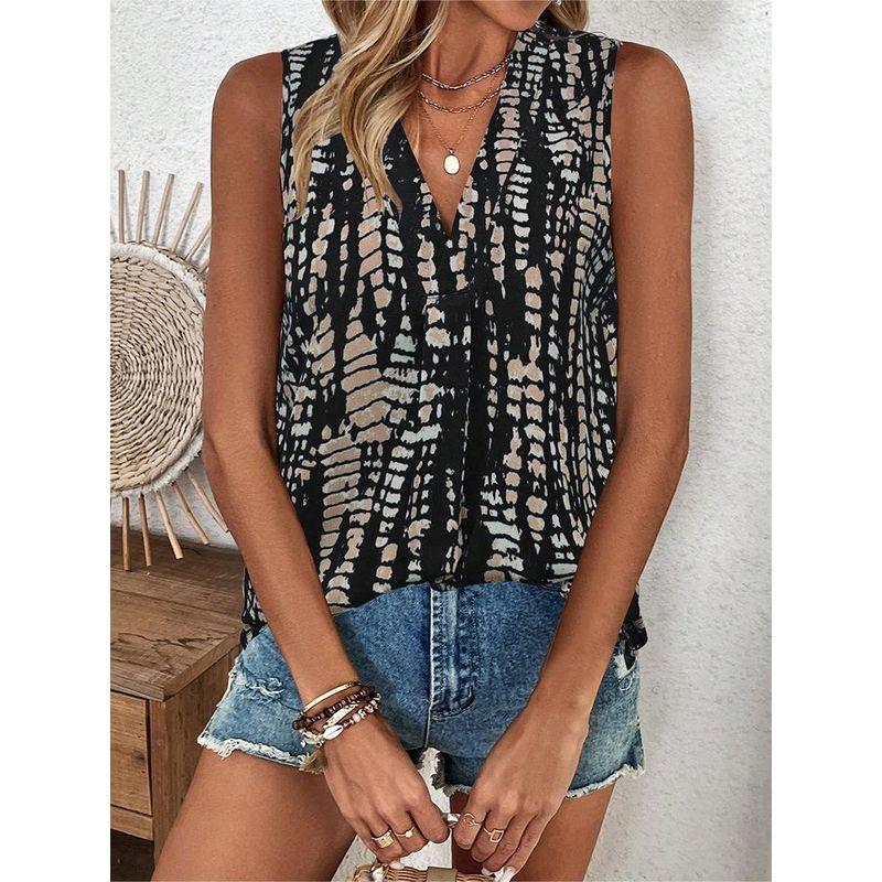 

European American Summer New Sleeve V-neck Print Blouse Women Tops Vest Shirt, Women s Top, Vest Black apricot flower S