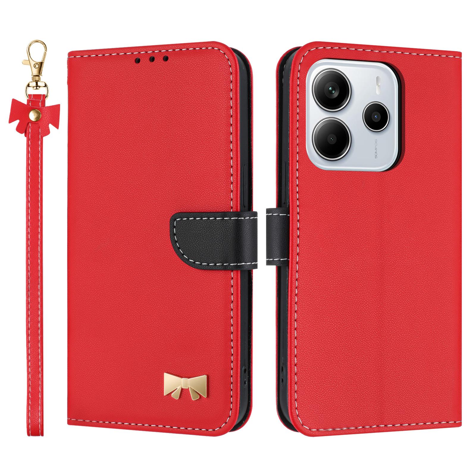 

Для Xiaomi Redmi Note 14 4G (164,84мм) Чехол Кошелек из Кожи с Декором в Виде Бантика и Ремешком на Запястье Red