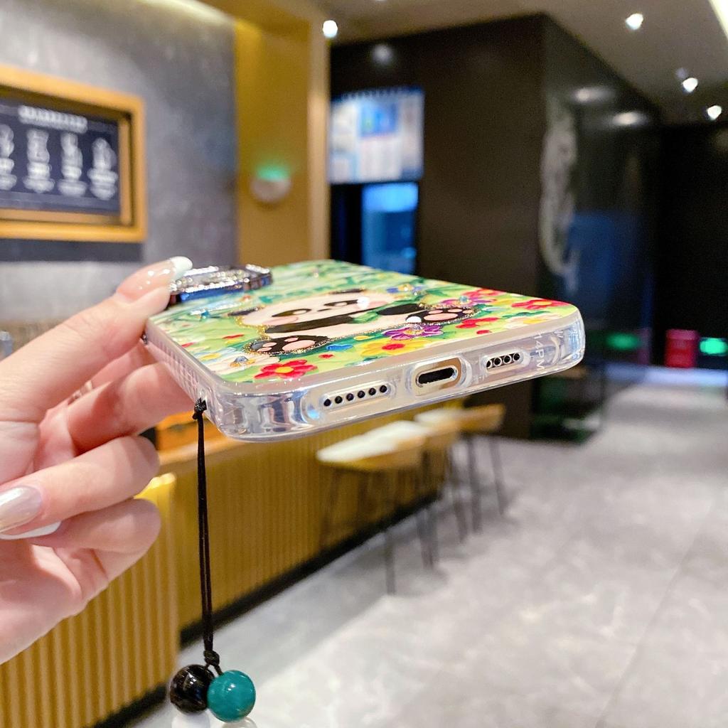 Cartoon Blue Light Panda Oil Painting Apple 15 Sparkling Diamond Lens Film Phone Case Suitable for IPhone14 Bead Bracelet