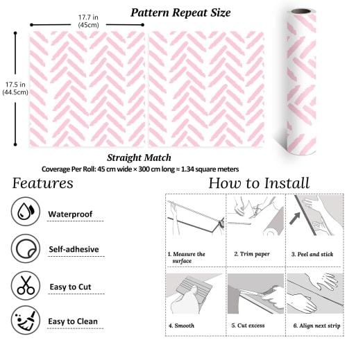 VEELIKE Easy-Stick Wallpaper Stickers, Pink Herringbone Pattern, White, Peelable Wallpaper, Wall Stickers, Waterproof, Heat-Resistant, Thick, Opaque P