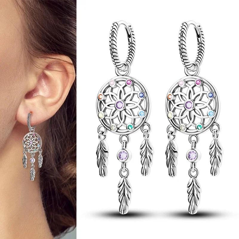 925 Sterling Silver Love Feather Moon Star Heart Earrings Fit Original Charms Hoop for Women Girls Stud Earring Jewelry Gifts