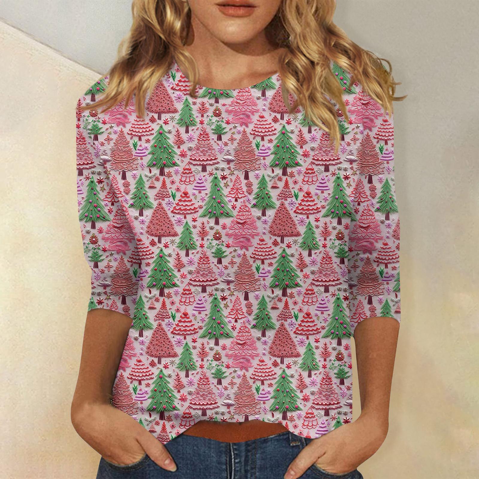 

Женская модная повседневная футболка с рукавом три четверти и рождественским принтом, с круглым вырезом XL арбуз красный