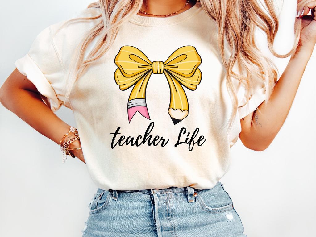 Teacher Life Comfort Colors T-Shirt, Pencil Bow Coquette Tee
