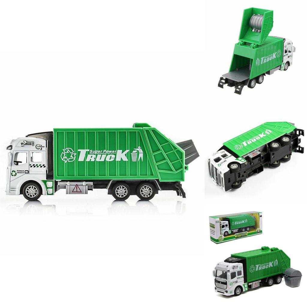 Colorful Diecast Garbage Truck Toy With Trash Bin For Kids Boys Xmas Gift
