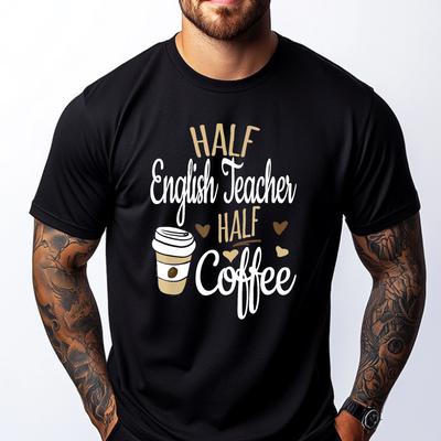 Half Coffee Half English Teacher Gift English Teacher Red And Black Graphic T Shirt Mens TShirts Camisetas Hombre