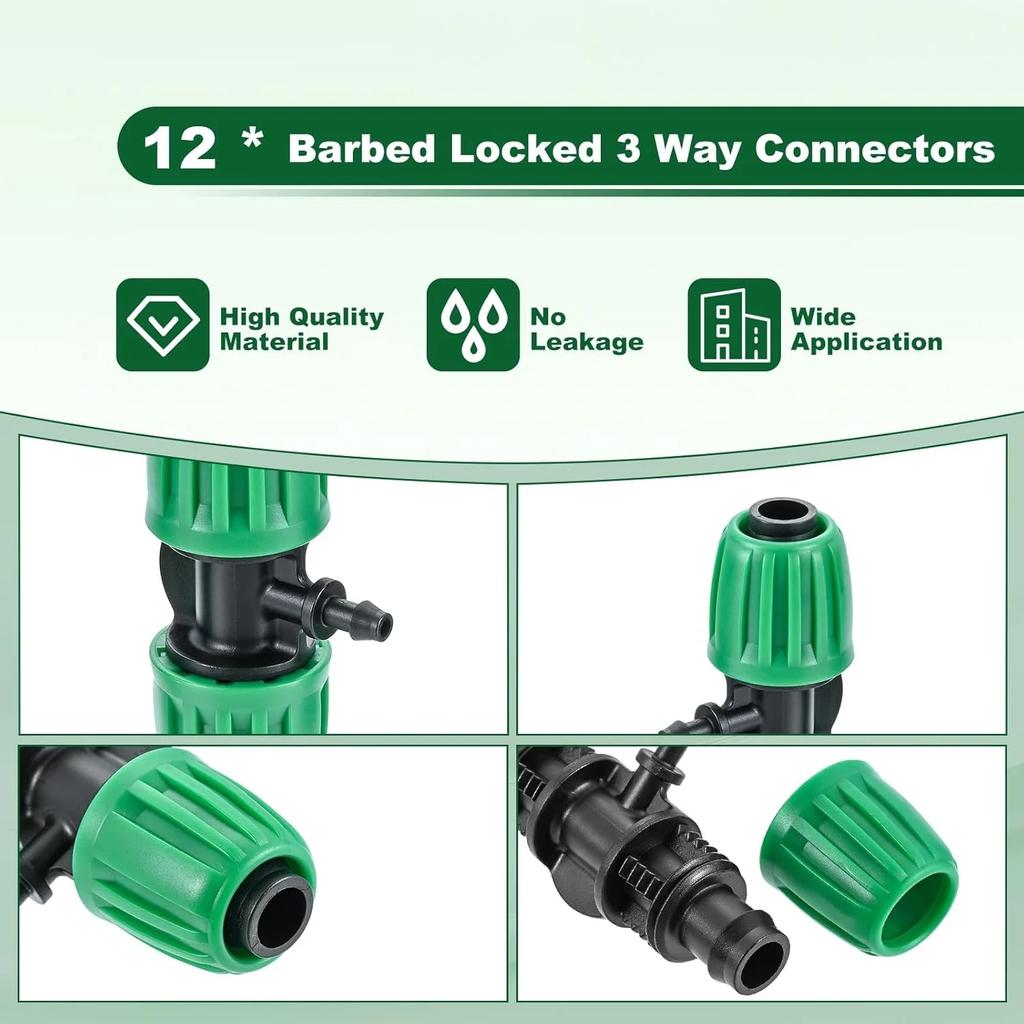 12Pcs Lock Barbed 3-Way Tees Drip Line Parts Connectors for 1/2" (0.63" OD) To 1/4" Tubing Home Garden Lawn Drip Irrigation Hose