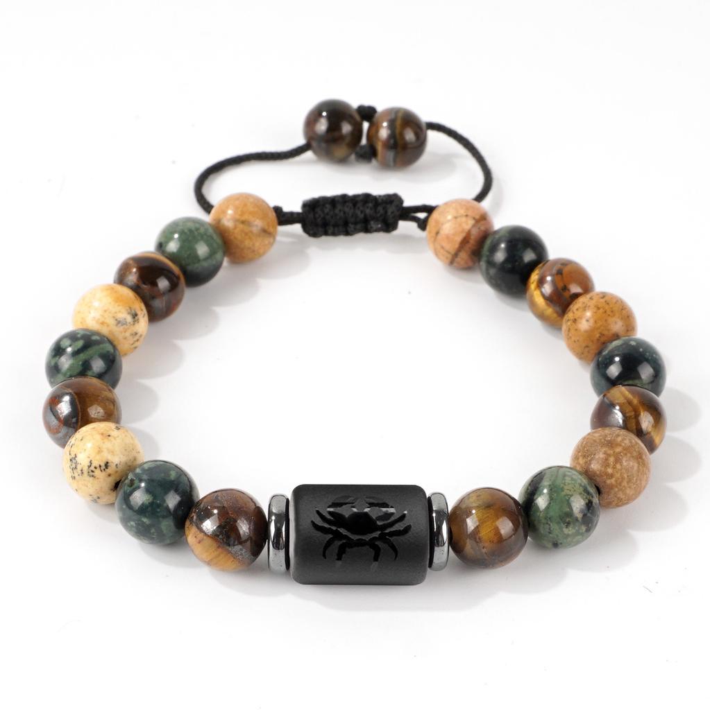 Vintage Zodiac Bracelet for Men 8mm Natural Black Onyx Tiger Eye Stone Star Sign Constellation Friendship Prayer Blessing Bracelet Gifts