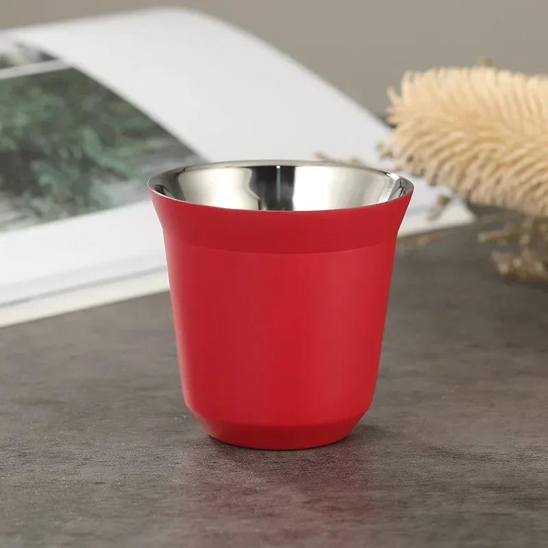 1pcs 80ml Italian Espresso Cup Small Wine Glass Simple Style 304 Stainless Steel Liner Double Layer Heat Insulated Capsule Cup