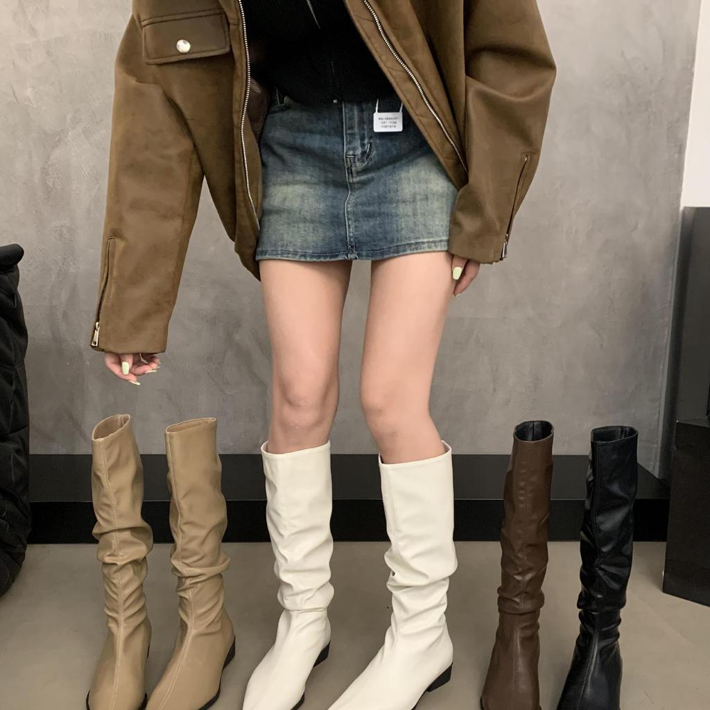 Sheepskin Version~ Thick Heel Pointed Pleated Boots Stacking Boots Women's Knight Boots Long Boots Tall Thin Boots