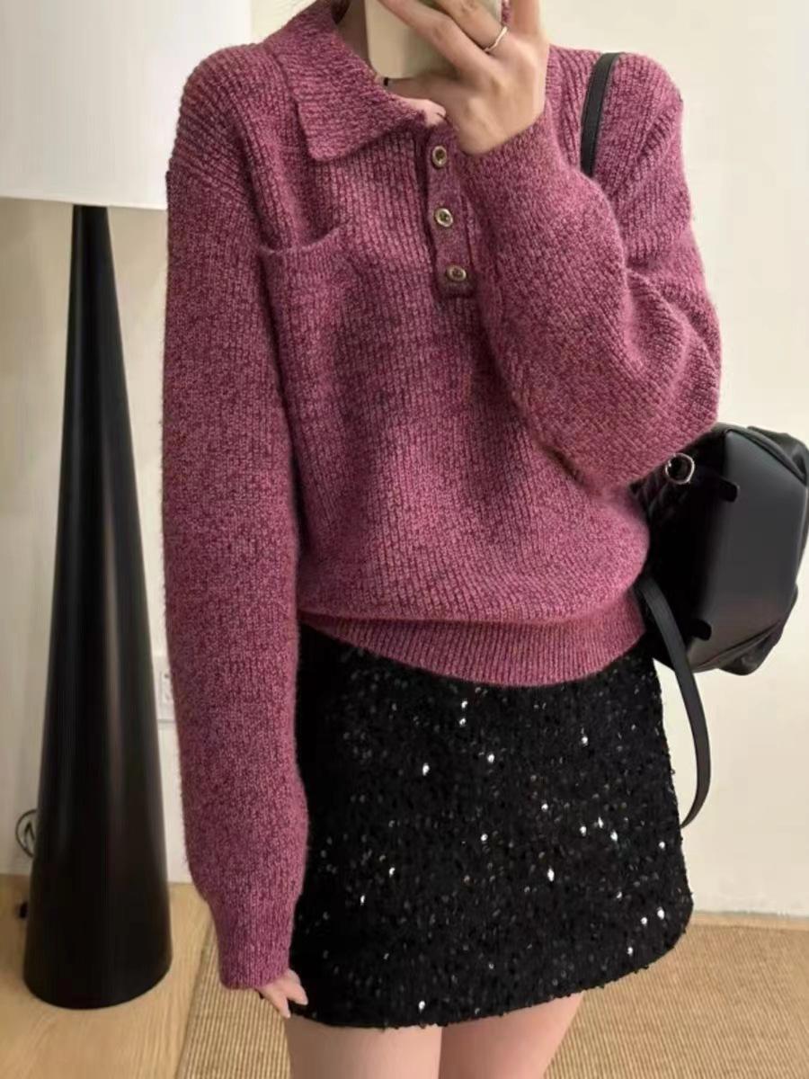 

Raspberry lapel pullover knitted sweater women s autumn and winter loose lazy wind soft waxy high-end knitted top One Size