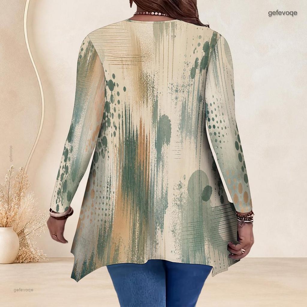 Women Plus Size V Neck Long Sleeve Watercolor Printed Asymmetric Hem Tunic Top