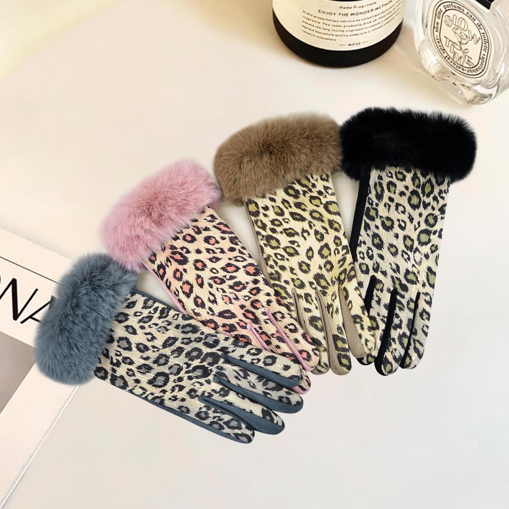 Leopard Print Plush Touchscreen Winter Gloves for Women - Velvet Lined