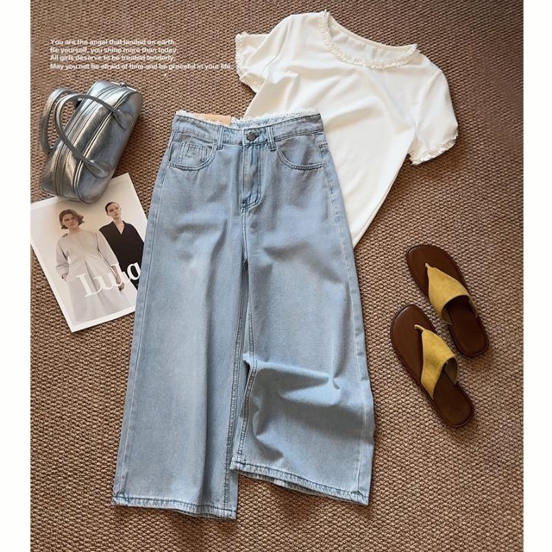 

Кружевные джинсы женские летние новые простые и универсальные свободные с высокой посадкой тонкие семиточечные брюки-палаццо XL синий