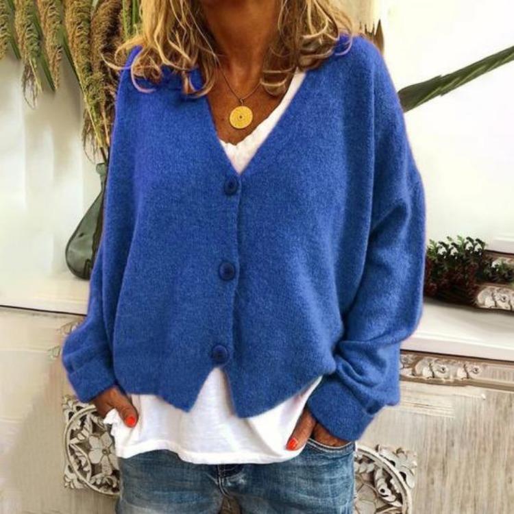 Lockere Passform V-Ausschnitt Pullover Mantel Langarm Strickjacke Einfarbig Gestrickt Damen Pullover