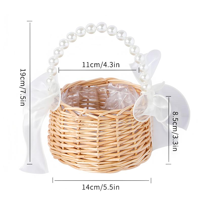 

Плетеная ротанговая корзина для цветов, корзины с жемчужными ручками и бантами, плетеная вручную корзина, плетеная корзина для цветов и растений, декор для свадеб и вечеринок