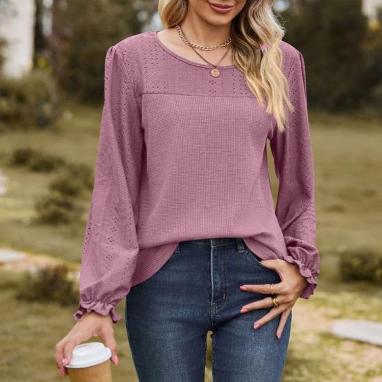 Breathable Mesh Long Sleeve Tops for Women Solid Color Puff Sleeve T Shirt Round Neck Casual Daily Wear