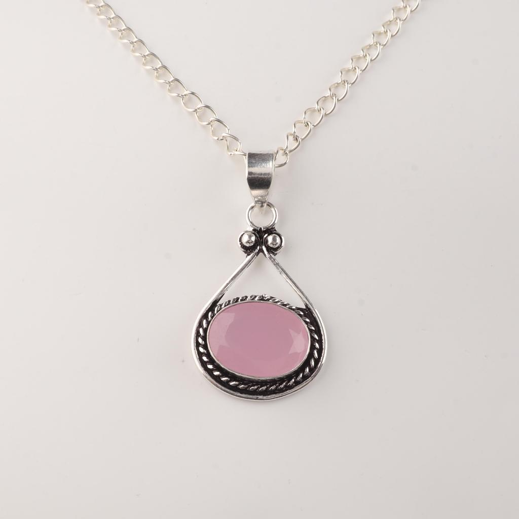Rose Chalcedony Gemstone 925 Sterling Silver Customize Partywear Pendant 1.7" Engagement Gift For Her VPP-1-17