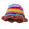Korean Handcrochet Vintage Rainbow Striped Bucket Hat Women Cute 3D Bowknot Warm Faux Wool Knitted Beanies Fishing Cap