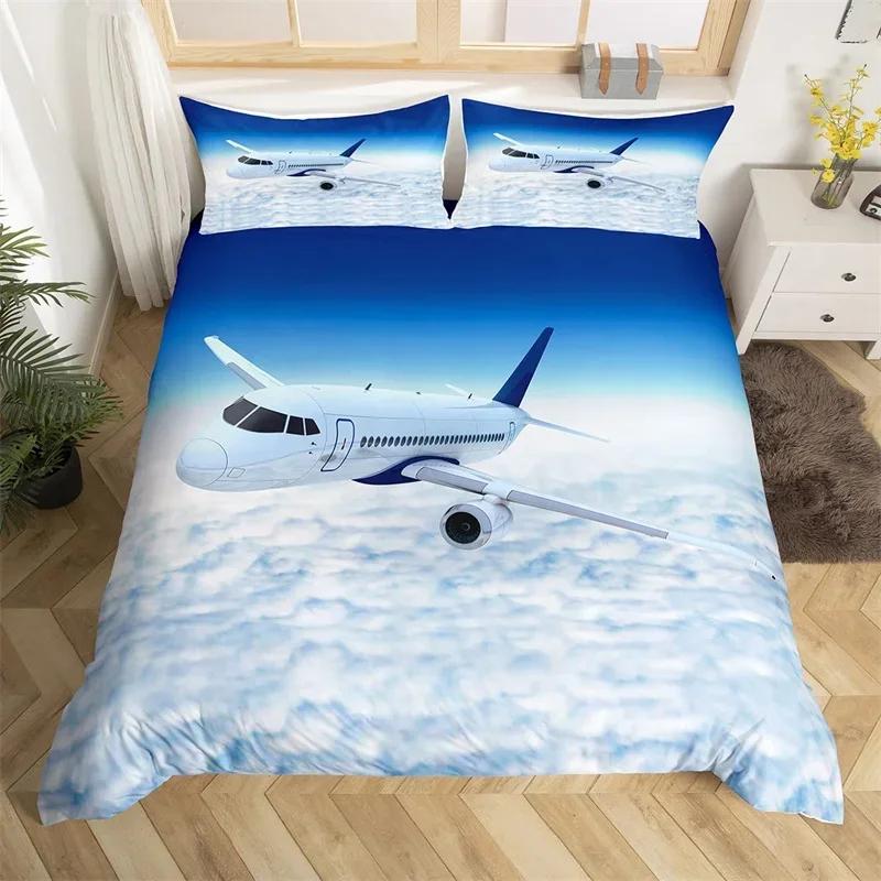 3D Airplane Duvet Cover King Aircraft Transportation Bedding Set Microfiber Globe Comforter Cover Helicopter Decor Quilt Cover