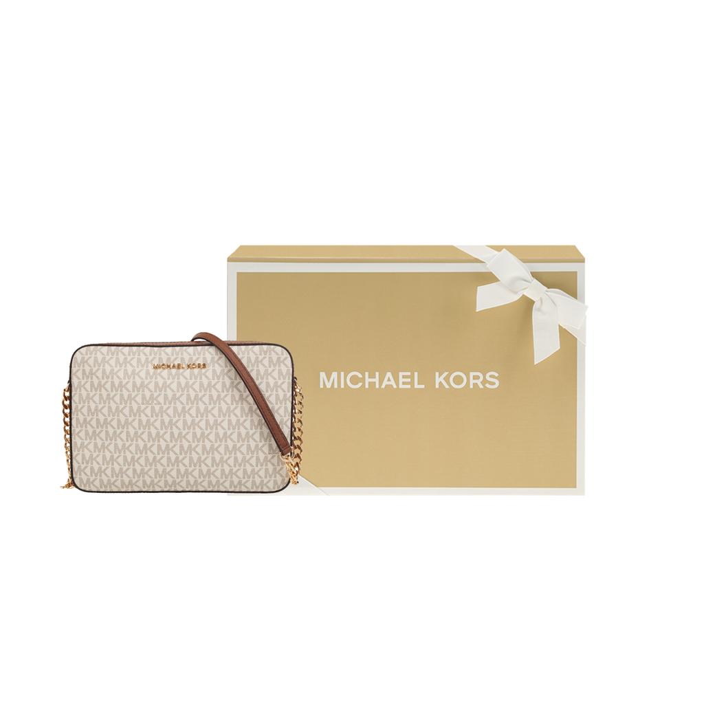 Michael Kors Mk Jet Set Long Vintage Monogram Logo Chain Leather Camera Bag Women Shoulder Bag Vanilla Brown 35F8GTTC3B-VANILLA-ACRN
