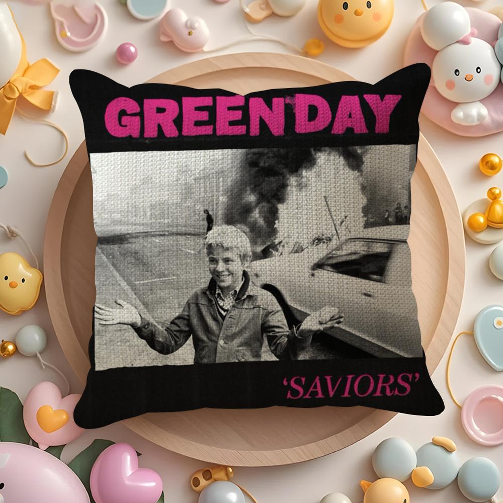 G-Green Day S-Saviors Cushion Cover Linen Organic Fabric Double-Sided Printing Breathable Pillow Case Sofa Home Decor Gift