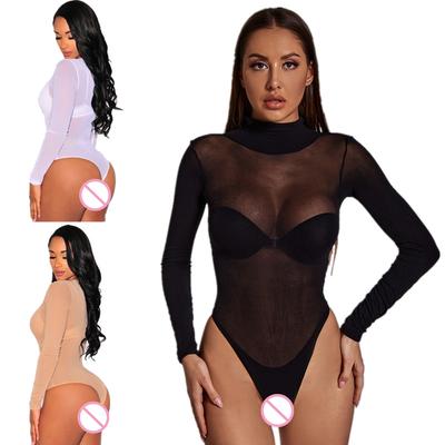 Female Jumpsuit Thigh High Stockings Sexy Lingerie Suit Elastic Sheer Bodysuit Mesh Lace See Through Fishnet Open Crotch Women