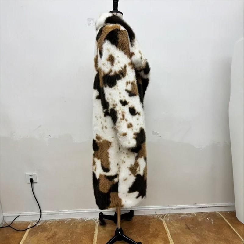 Cow Print Faux Fur Long Coat Women Oversized Lapel Winter Warm Outerwear Street Style