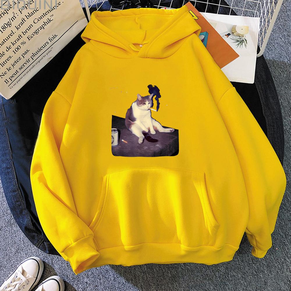 Funny Smoking Cat Meme Hoodies Cigarette Cat Cartoon Print Sweatshirt Cat Lover Unisex Pullover Stupid Brainrot Gift Streetwear Men women Anime jacket