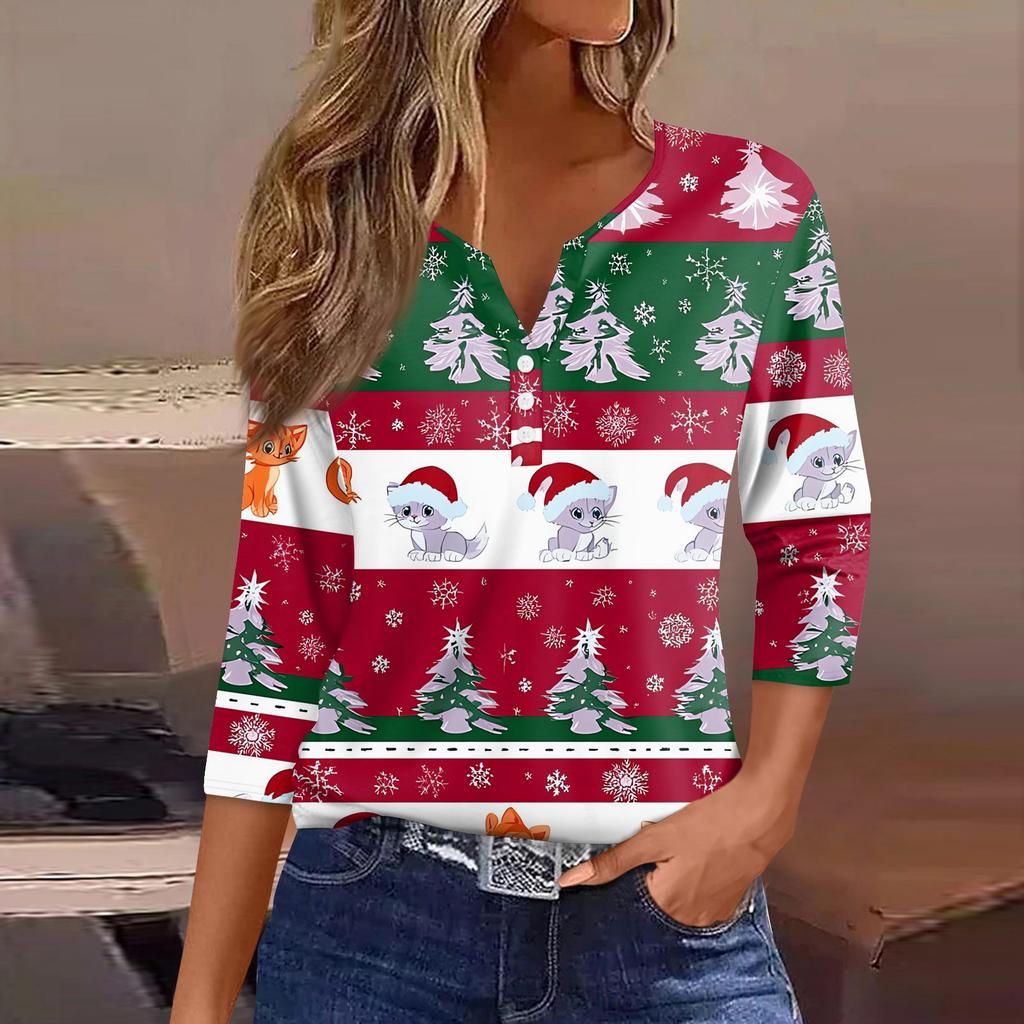 Women's T Shirt Tee Christmas Printed Button 3/4 Sleeve Tunic Daily Weekend Fashion Basic V- Neck Regular Top