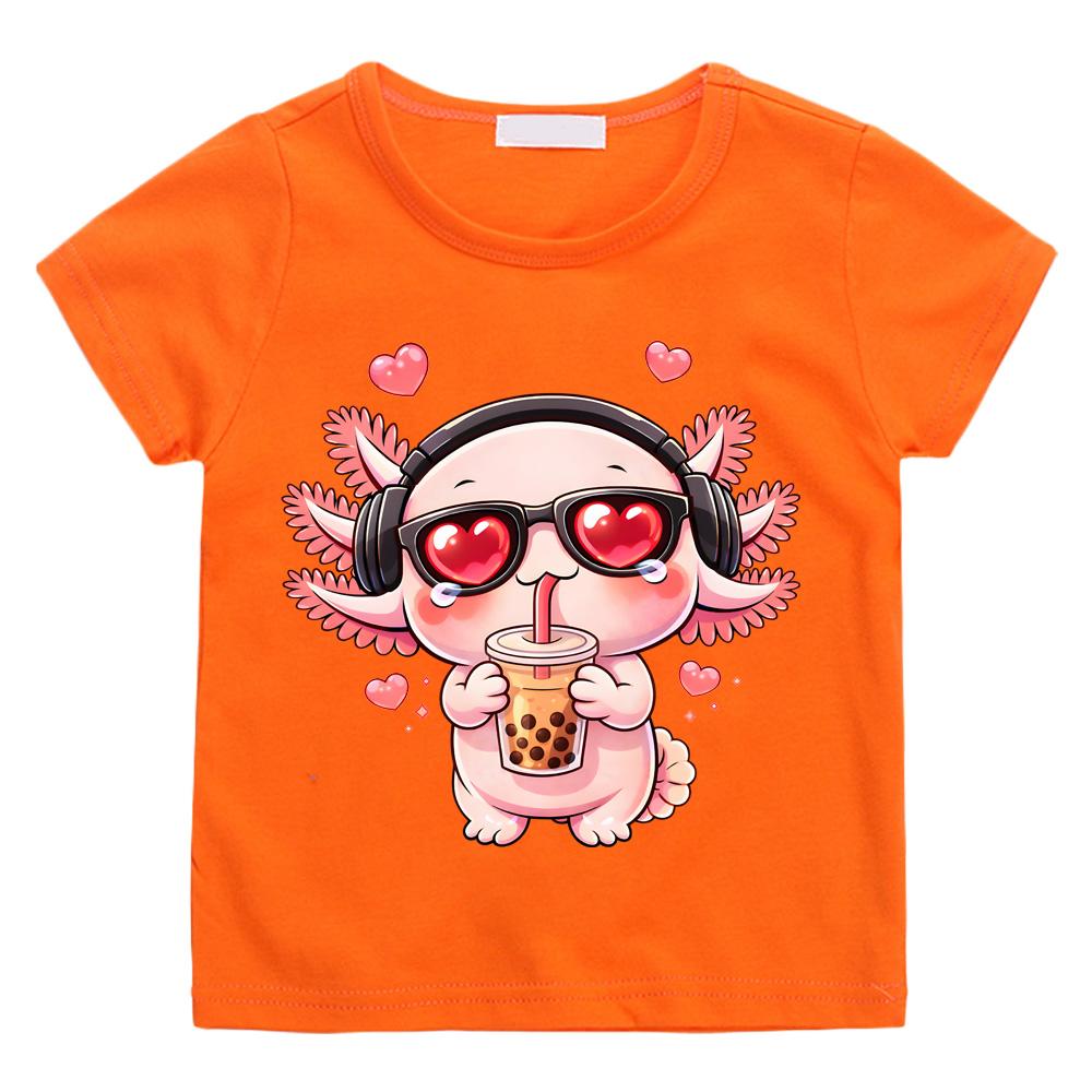 Любовь к бабл-ти Аксолотль Футболка Кавайный аксолотль пьет боба Чиби Аниме Дизайн Футболка Хлопок Мальчики/девочки Мультяшный принт Милый Манга Футболка 100