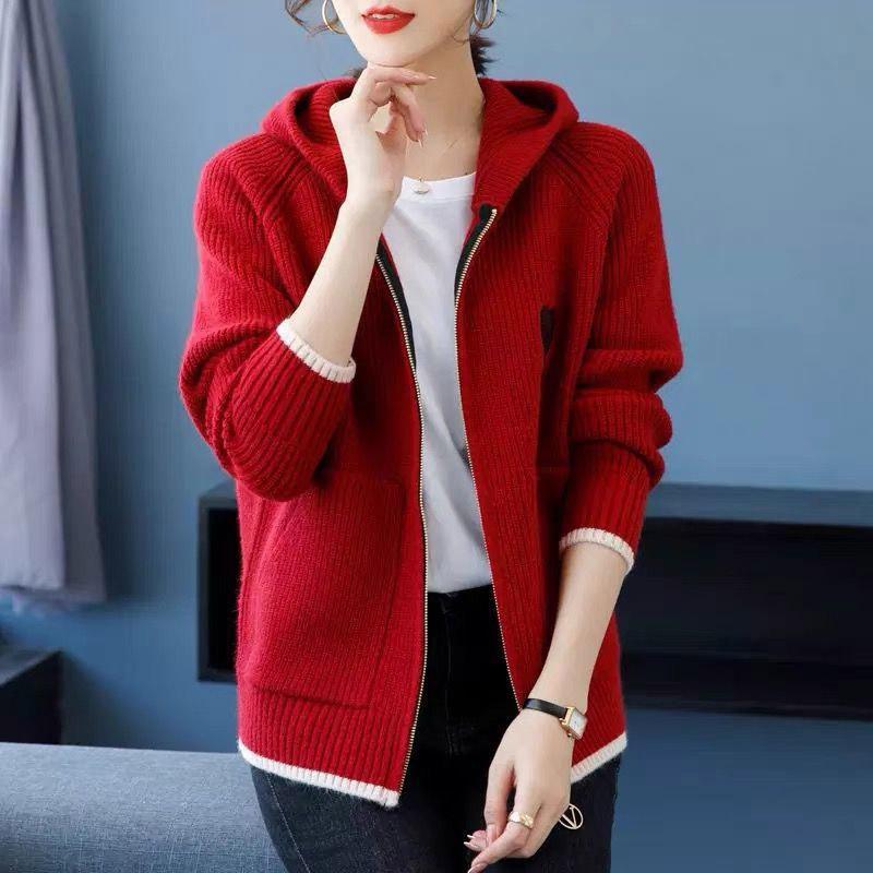 Sweaters Coat Cardigan for Women Autumn Winter Zipper Loose Long Sleeve Solid Color Hooded Knit Sweaters Jacket