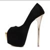 Große Größe 34-45 Super High Heels 16CM Hochzeitsschuhe Damen Schwarz Flock Mode Gold Plateau Peep Toe Damen Party Abschlussball Pumps 16cm