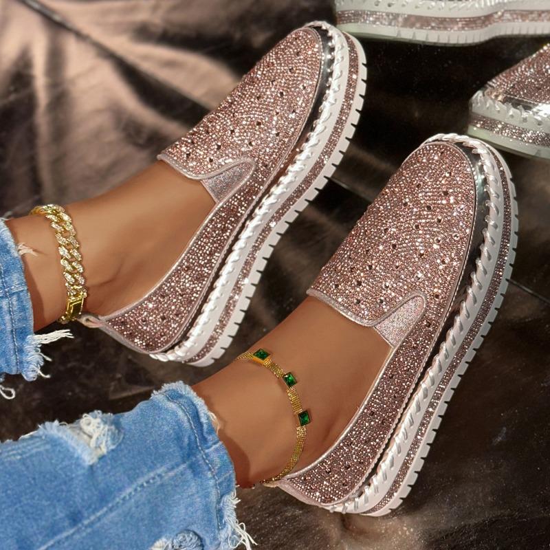 Women's New Spring Slip‑On Thick‑Sole Loafers Casual Rhinestone Fashion Plus Size Flat Shoes