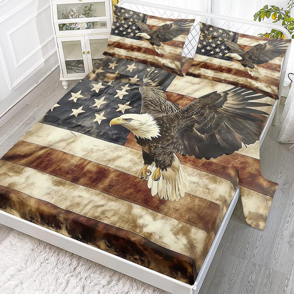 Vintage Eagle 4-Piece Bed Sheet Set, Including 1 Flat Sheet, 1 Extra-Large Flat Sheet, 2 Pillowcases Traditional Culture, Faith