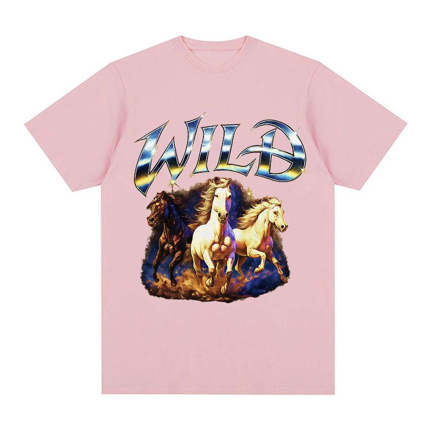 Wild with Running Horses Funny Meme Graphic TShirt Unisex Women Fashion Loose Cotton T Shirt Retro Oversized Short Sleeve T Shirts